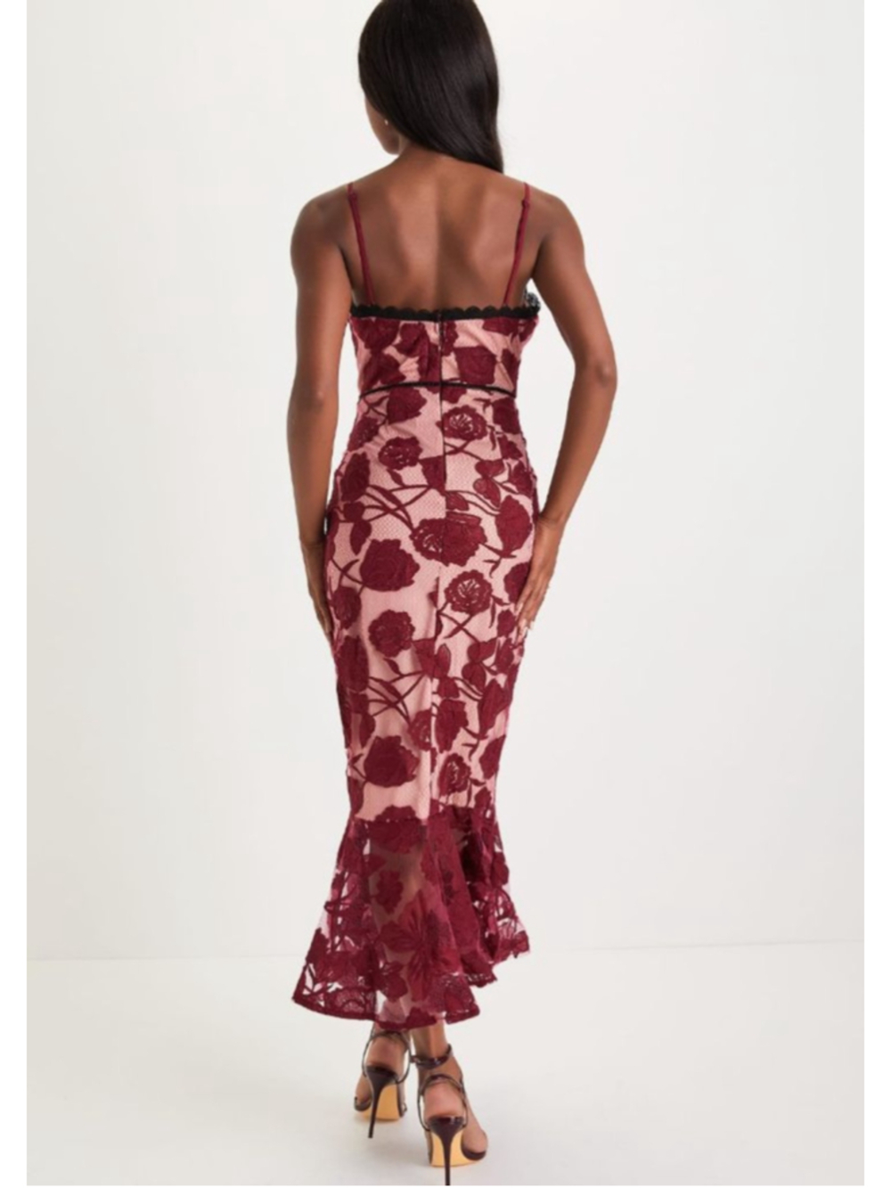 Lulus Burgundy Lace Midi Dress NWT Size M Floral Bodycon Mermaid Cocktail - Picture 4 of 13